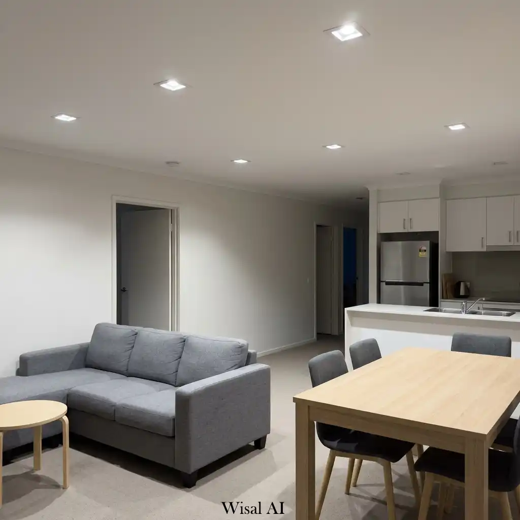 Modern home with layered lighting creating a warm and inviting atmosphere.