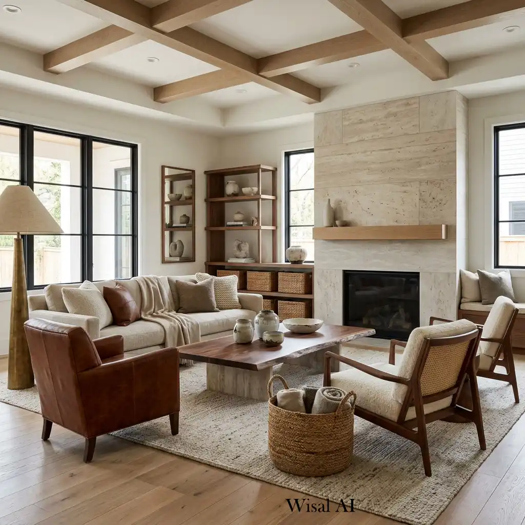 Luxury living room featuring layered natural materials.