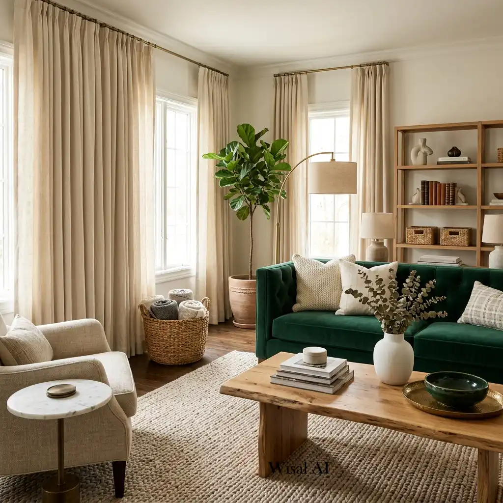 Luxury living room layered with velvet, linen, and natural wood textures.