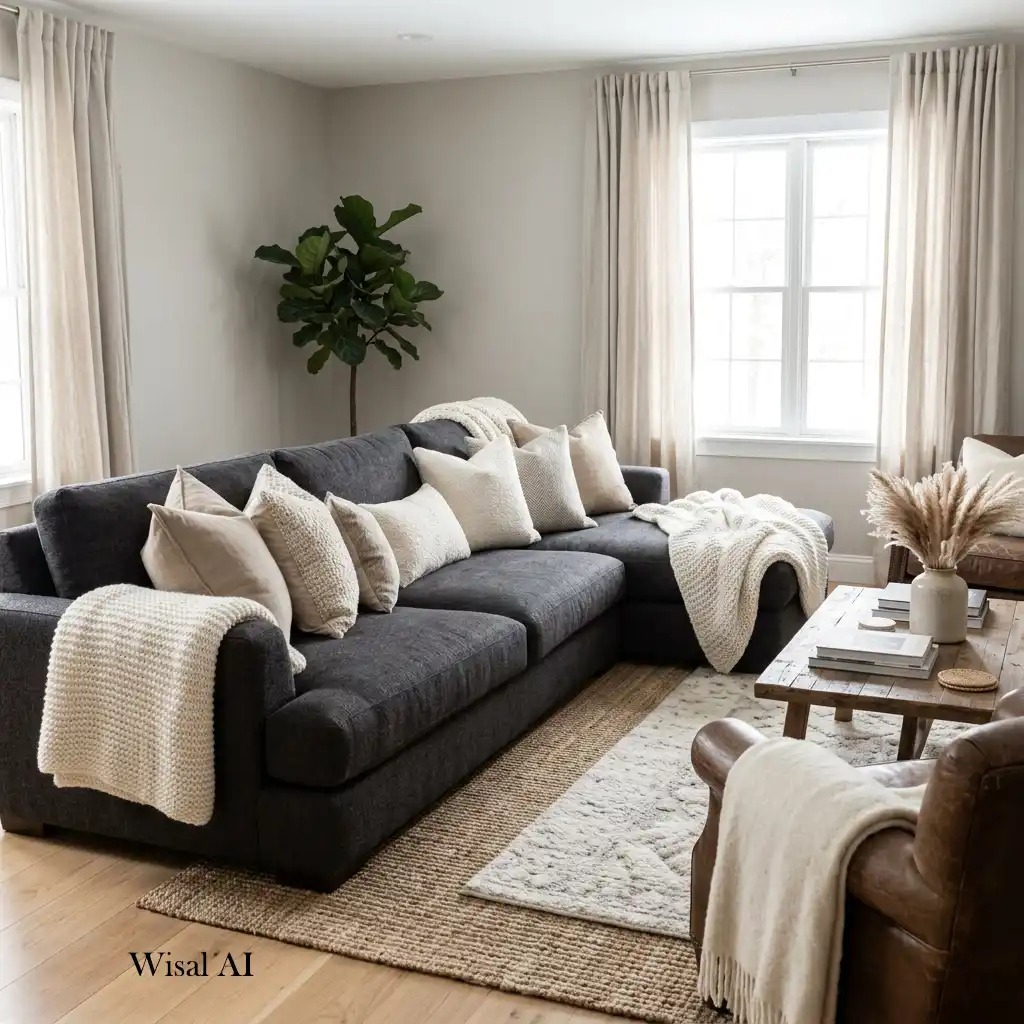 Charcoal gray living room with soft neutral rugs and linen curtains.
