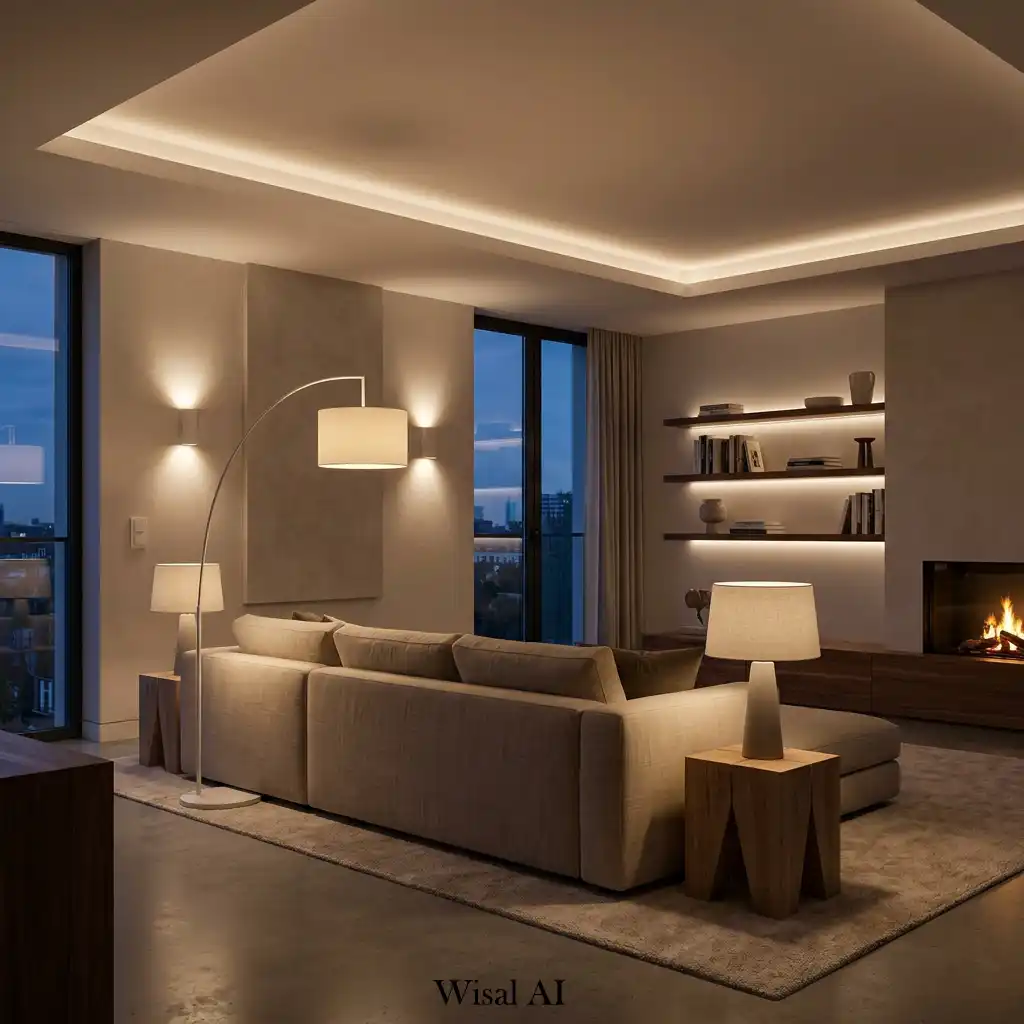 Warm living room with layered lighting and soft ambient glow design