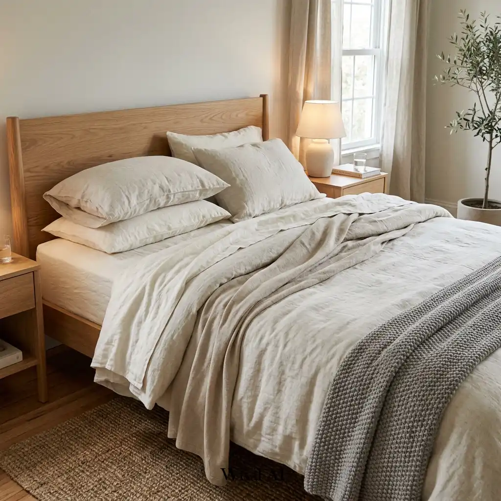 Luxury bedroom with layered linen bedding and cozy textures