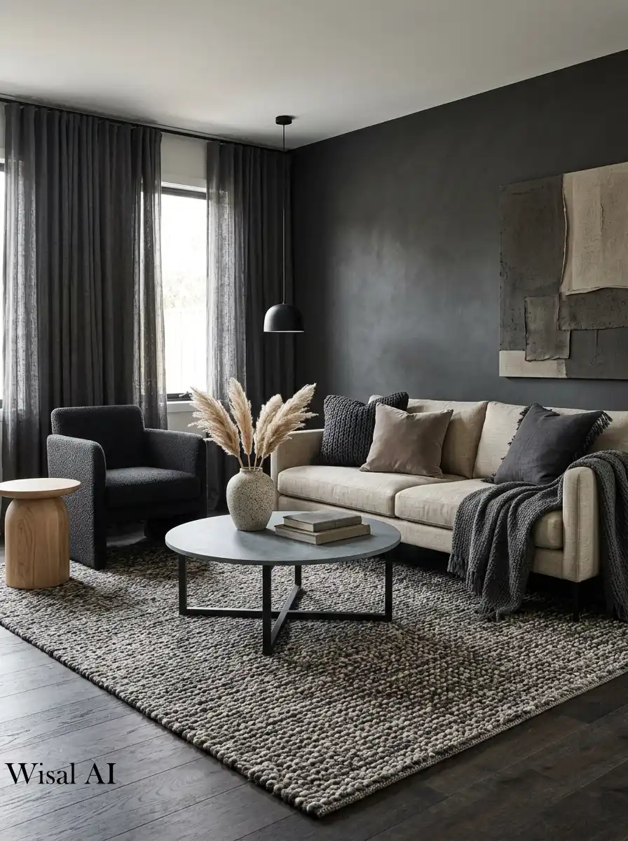 Stylish living room with layered charcoal and beige textures including stone wood and linen modern aesthetic.