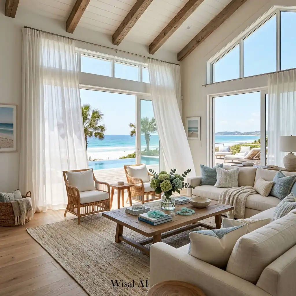 Elegant living room with sheer curtains filtering soft summer sunlight.