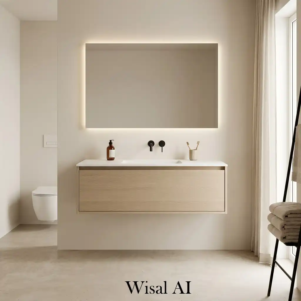 Floating beige vanity with clean minimal bathroom layout