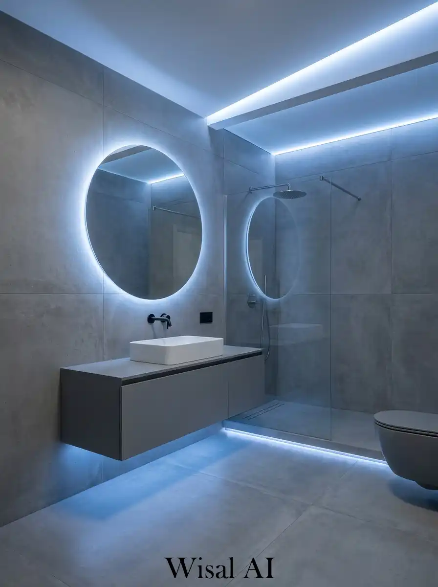 Blue tiled shower area with modern grey flooring