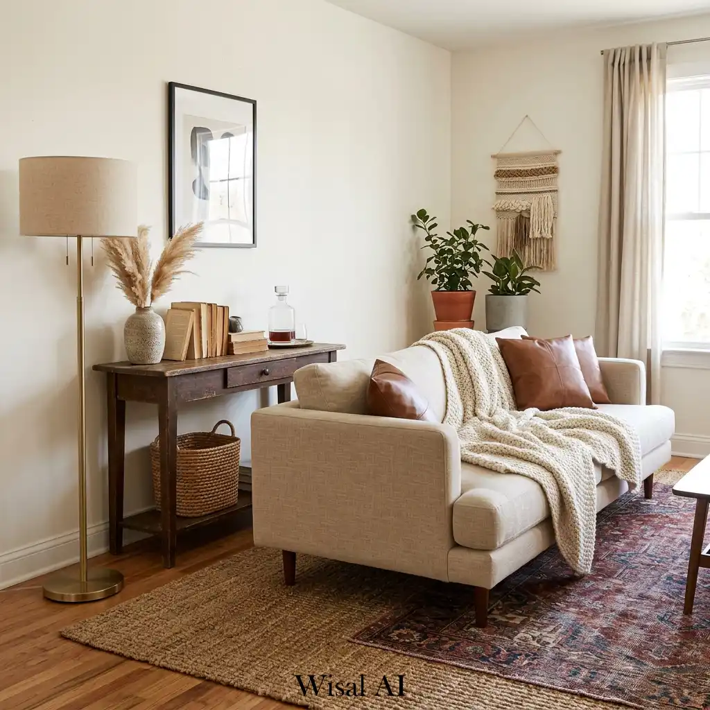 Living room with modern lighting fixture above traditional furniture arrangement