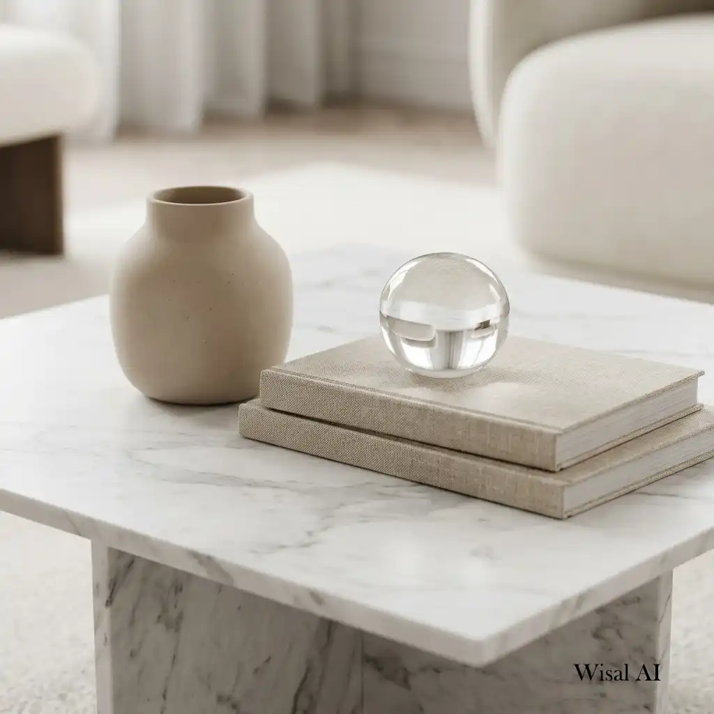 Coffee table styled with marble, walnut, brass, and ceramic decorative accents.