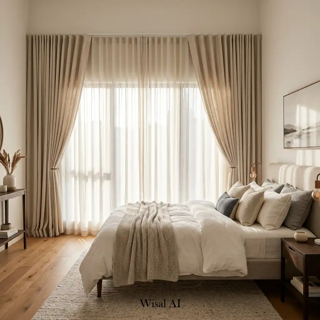 Modern cozy bedroom with floor-to-ceiling curtains and filtered natural light.