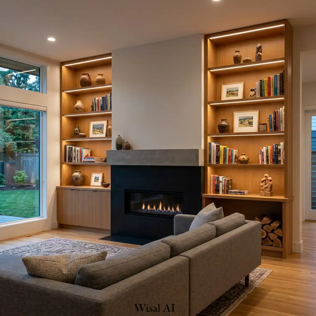 Modern fireplace surrounded by custom built-in shelving and elegant décor