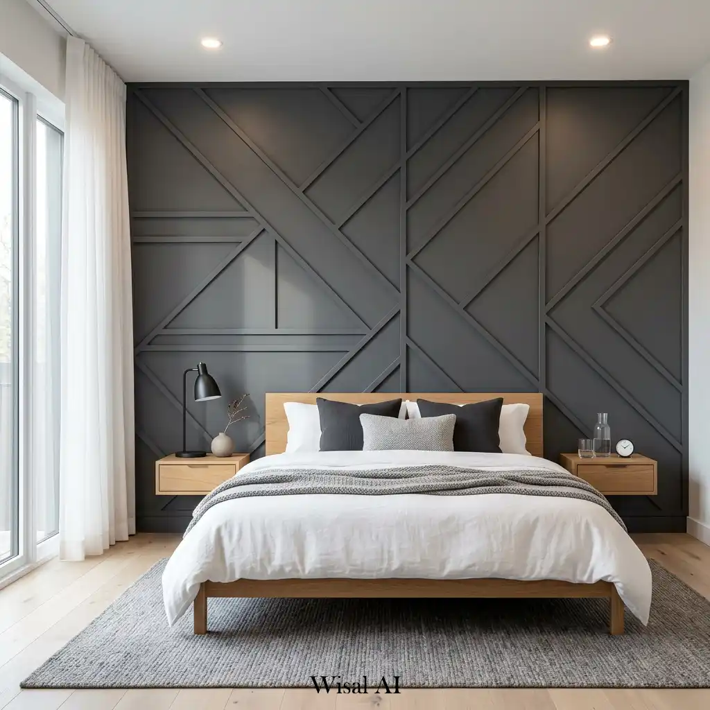 Modern bedroom featuring geometric wall paneling patterns.