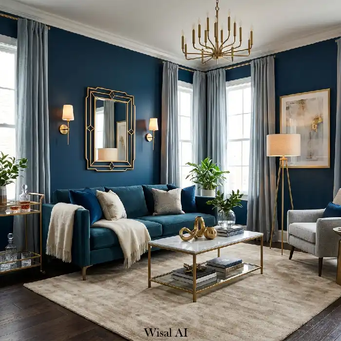Industrial loft living room with moody blue sofa and exposed brick walls