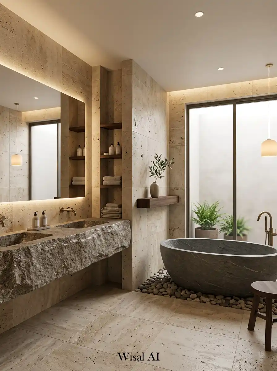 Natural stone luxury bathroom with earthy textures and modern hotel-inspired styling
