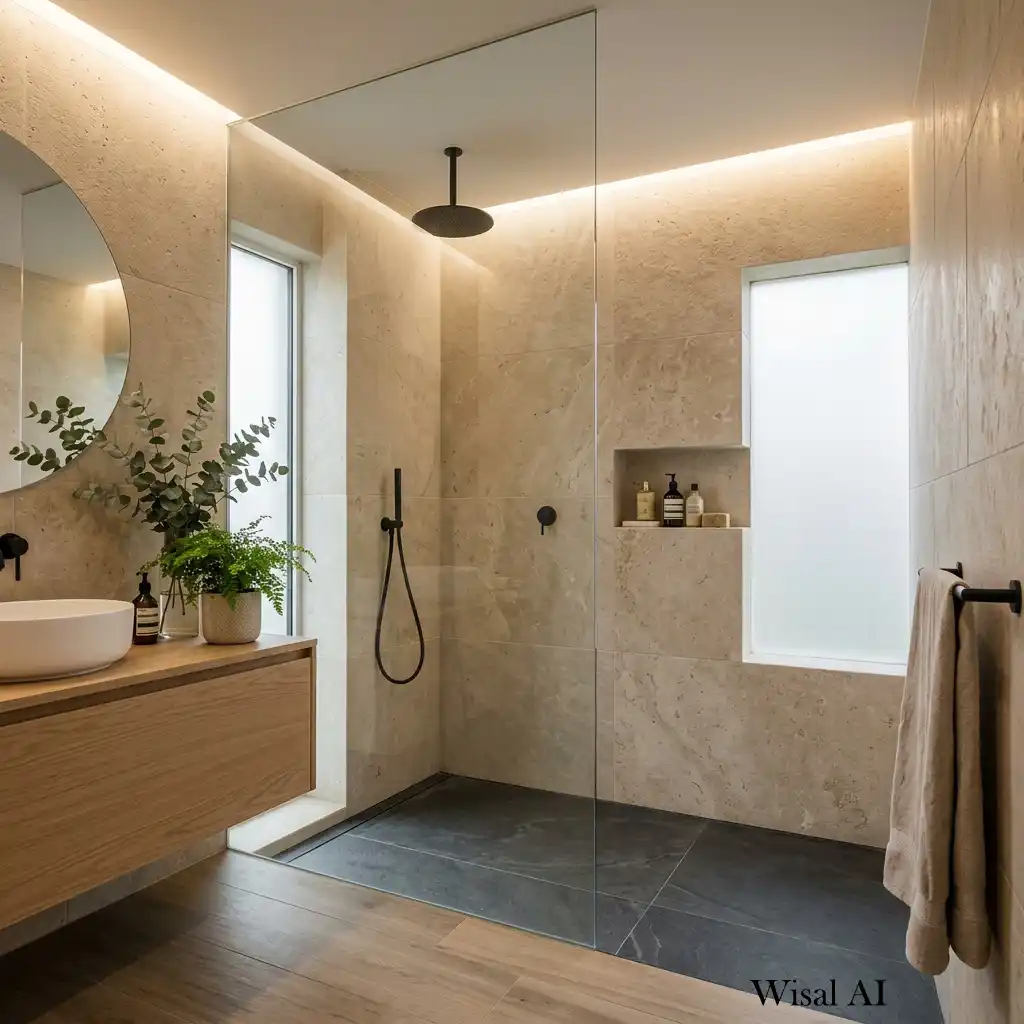 Natural stone walk-in shower with travertine walls and minimalist fixtures.