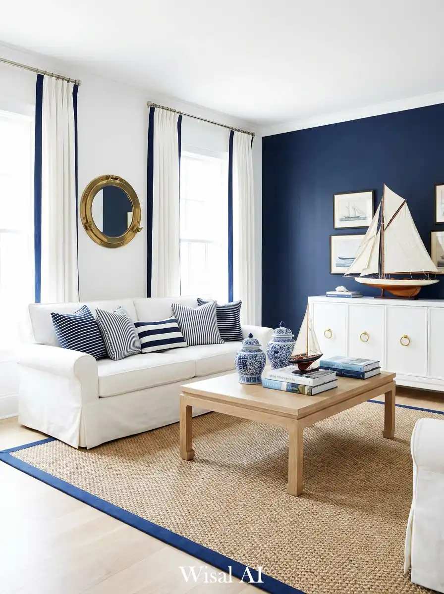 5. Nautical Chic Navy Blue and White Living Room