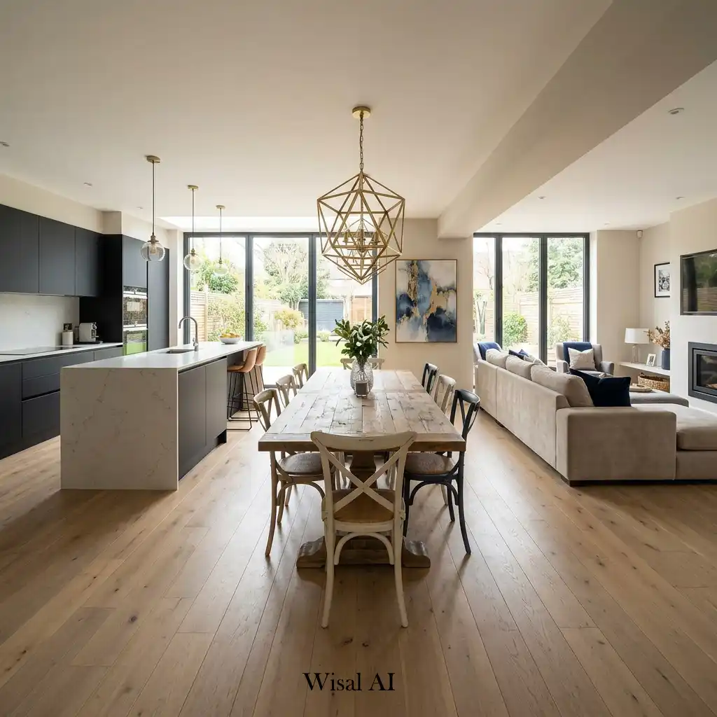 Open-concept dining room connected seamlessly to the kitchen and living area