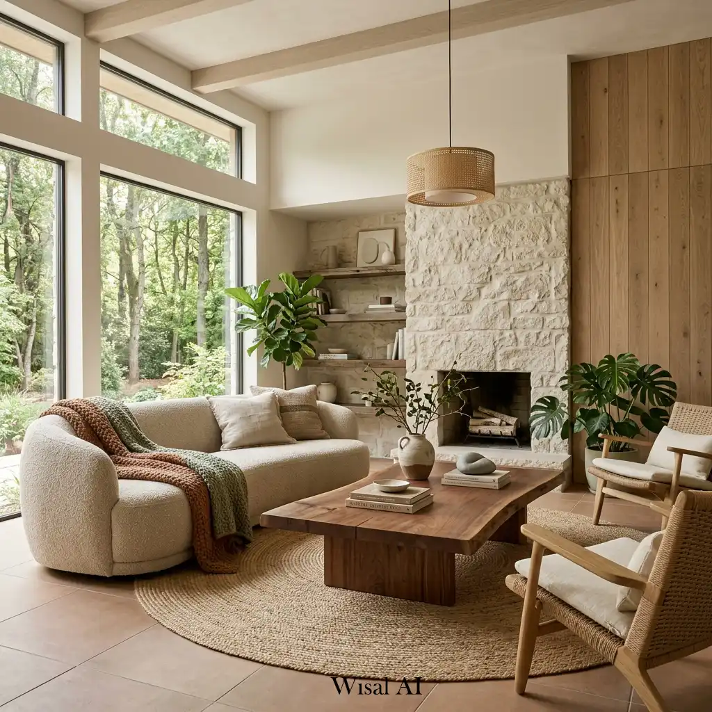 Organic modern living room with wood and natural textures