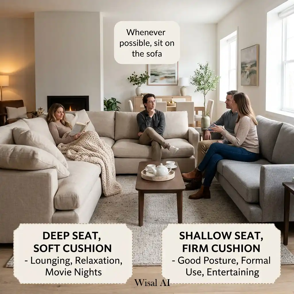 Luxury living room featuring a comfortable sofa with deep supportive seat cushions.