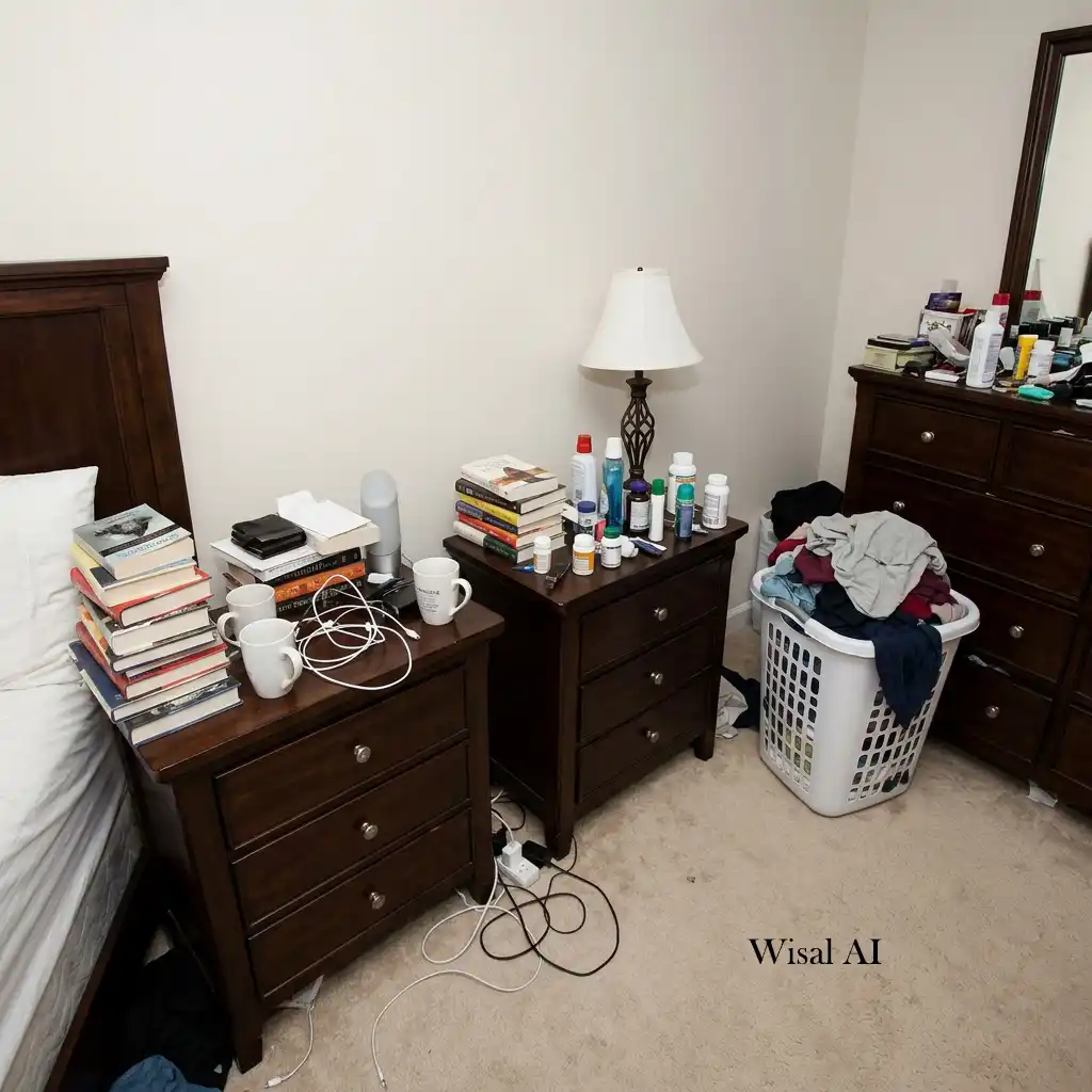 Minimalist bedroom with clutter-free surfaces and smart hidden storage solutions.