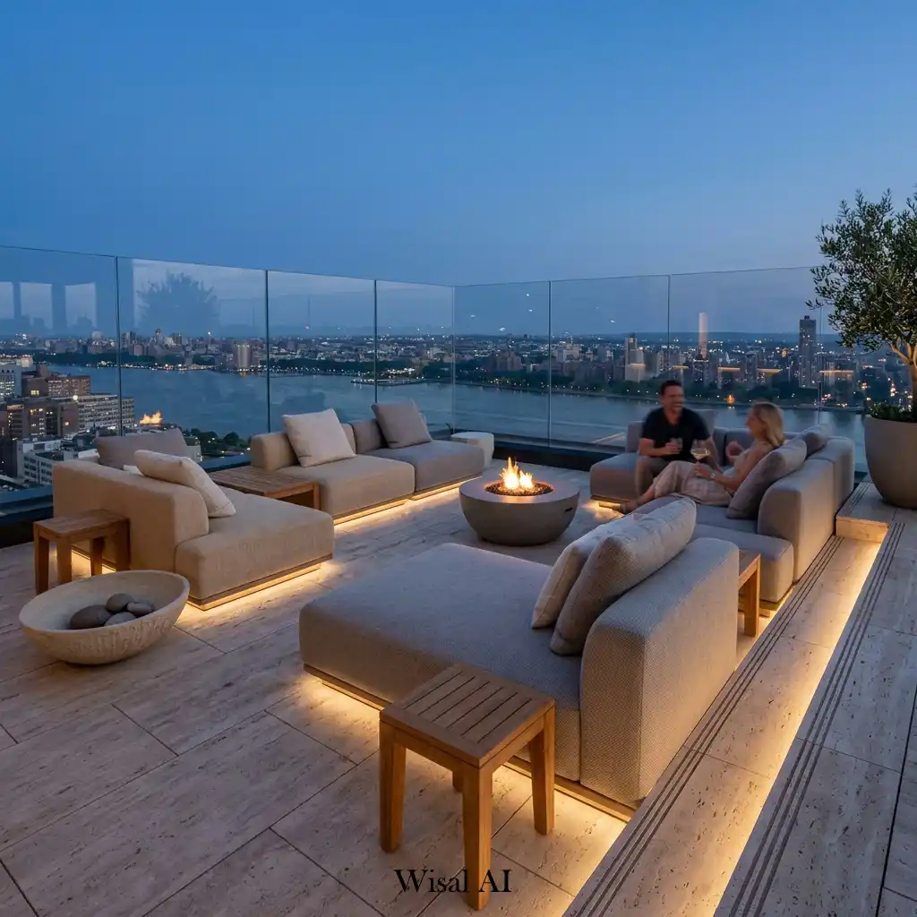 Rooftop infinity-view lounge with glass railings and luxury outdoor furniture