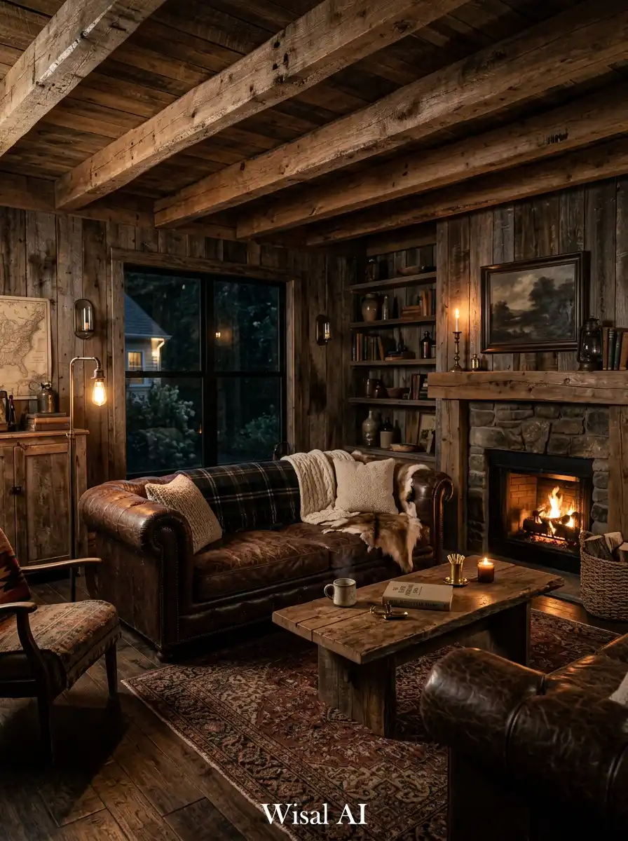 5. Rustic Moody Living Room with Wood Texture