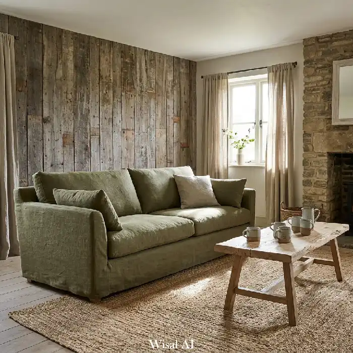 Rustic olive green living room with reclaimed wood, woven textures, and earthy decor