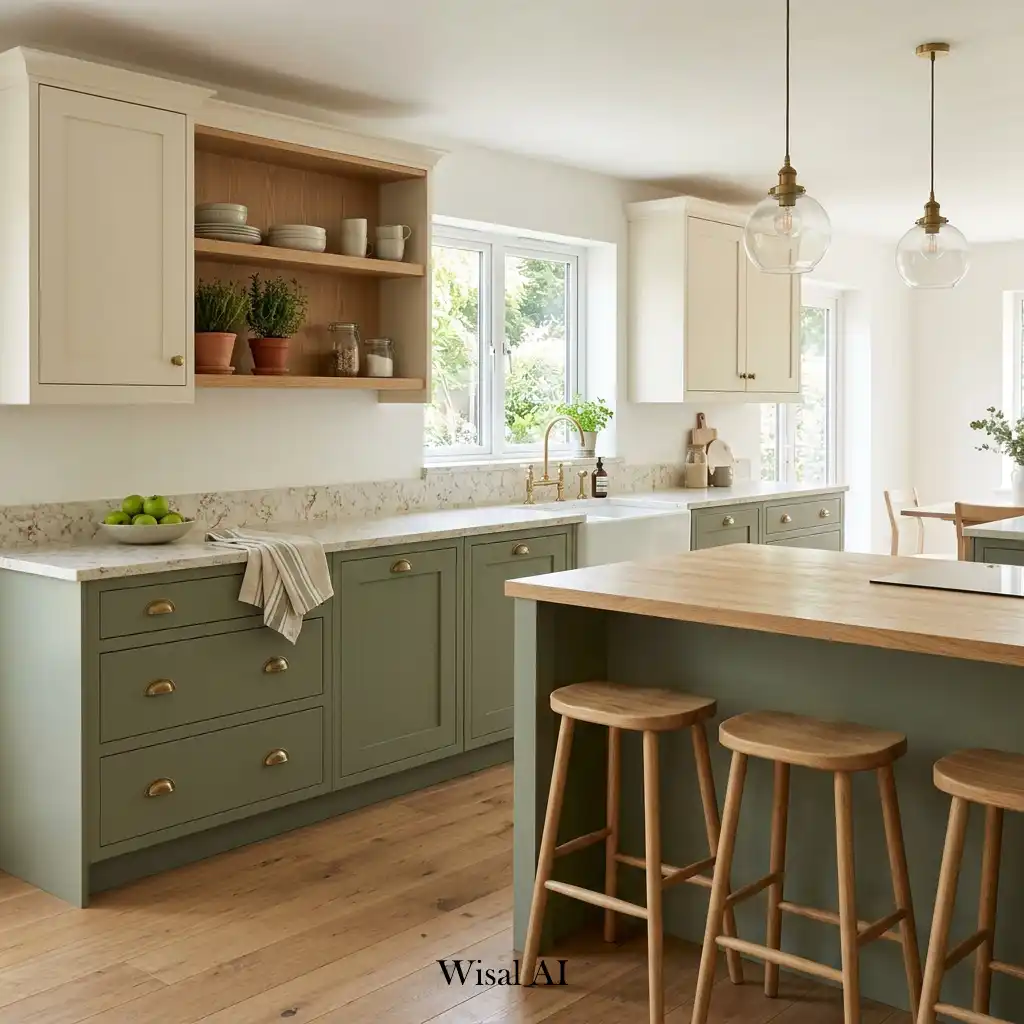 Sage green and cream kitchen with natural wood details and soft lighting