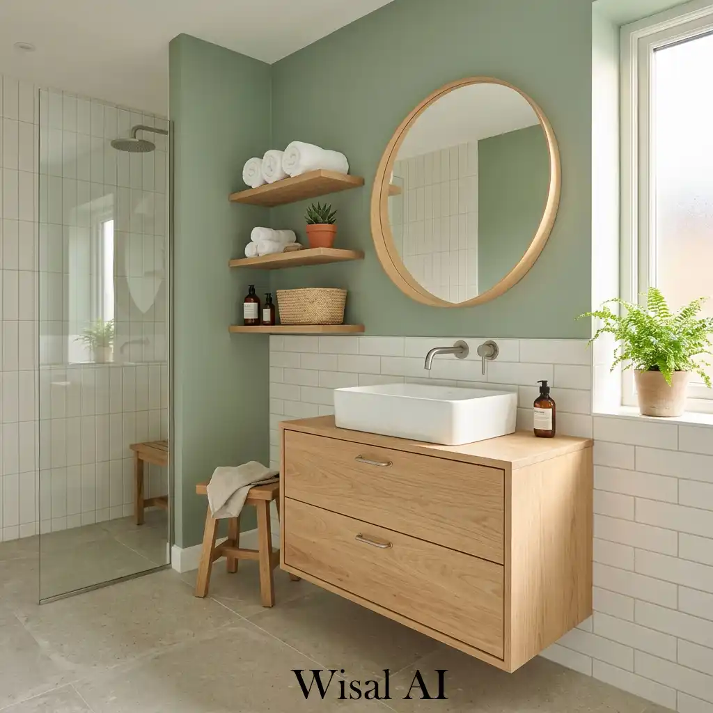 Natural wood and sage green bathroom warm design