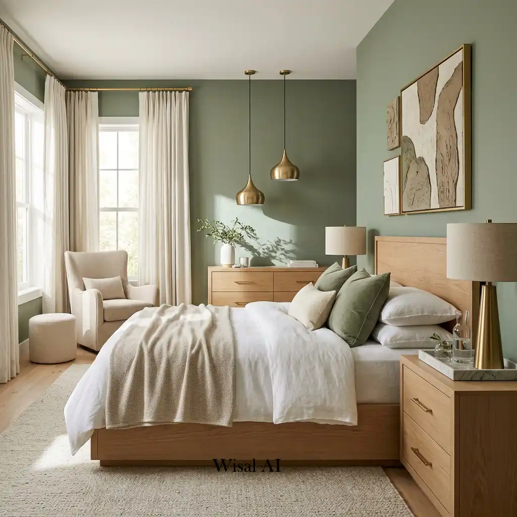 Sage green bedroom with white oak furniture and brushed brass lighting fixtures.