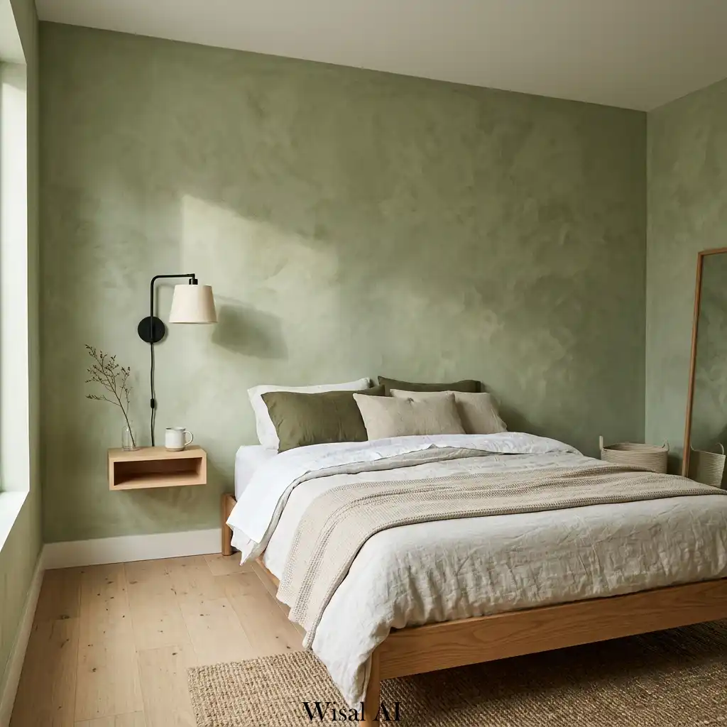 Luxury bedroom with sage green textured plaster wall adding depth, softness, and architectural character to the interior