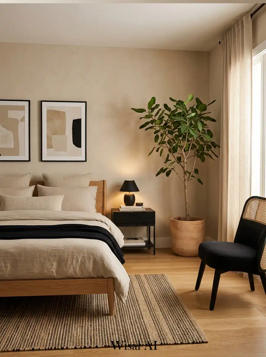 Organic modern bedroom with sand beige tones and black details inspired by natural earthy design.