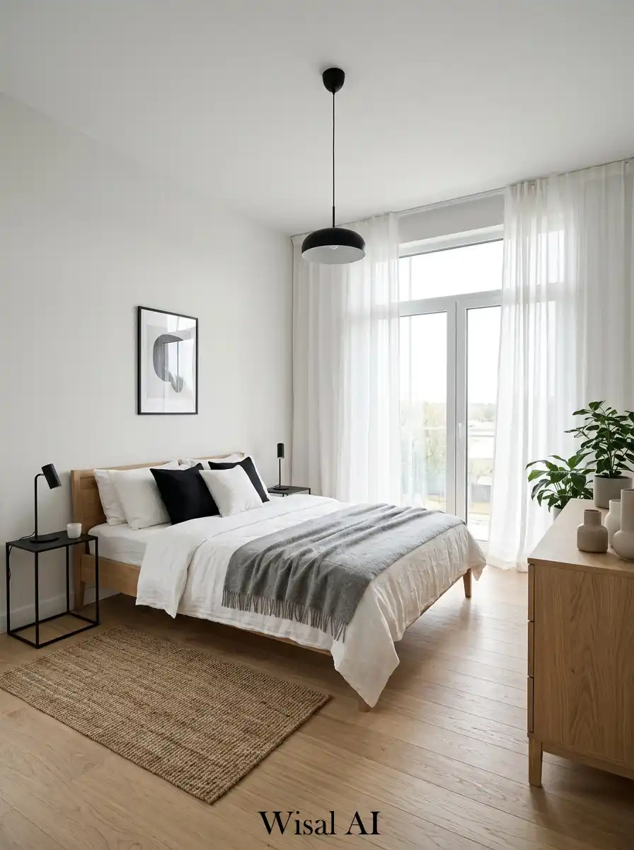 . Scandinavian Black and White Bedroom with Natural Light