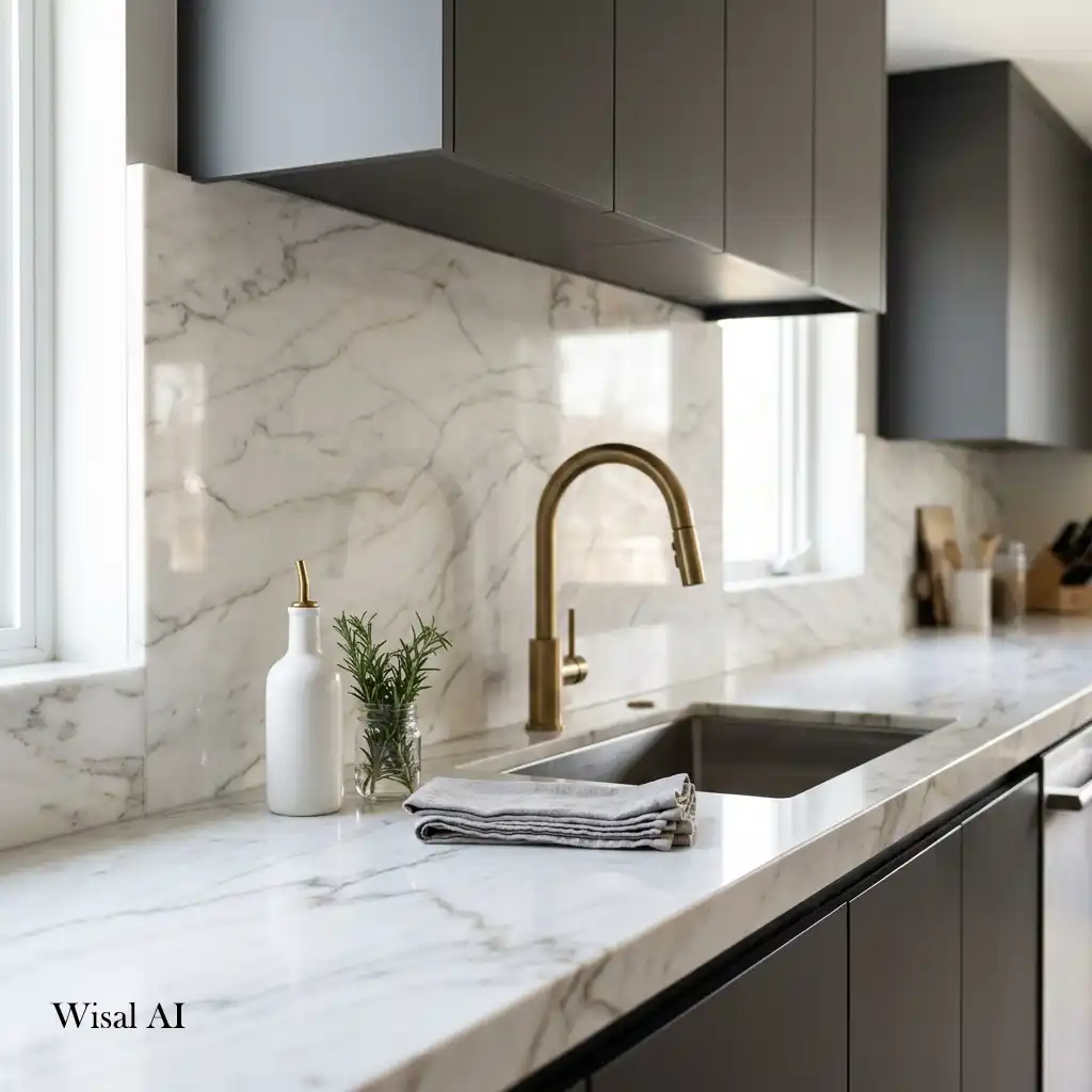 High-end kitchen featuring premium quartz countertops with a seamless modern finish.