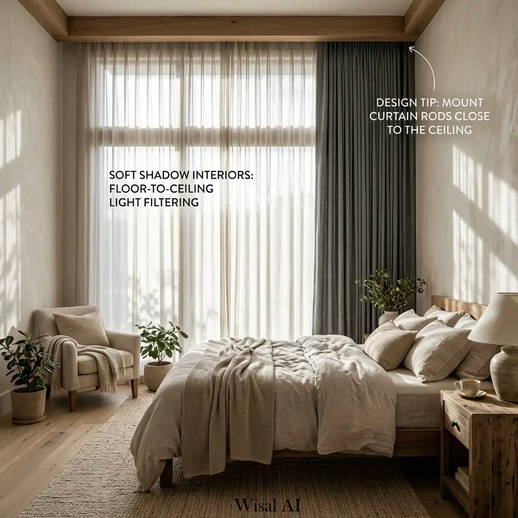 5. Shadow-Inspired Bedroom with Floor-to-Ceiling Curtains