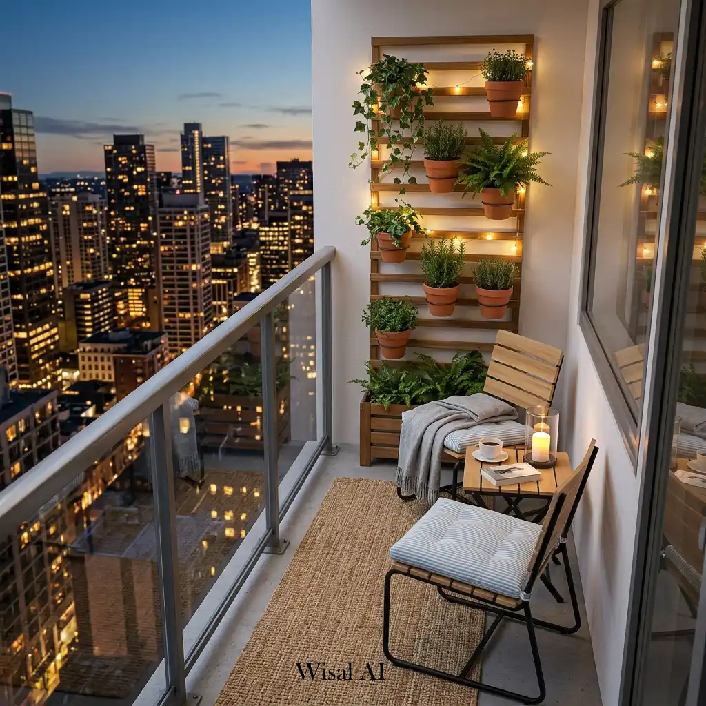 Compact apartment balcony designed to maximize stunning urban views