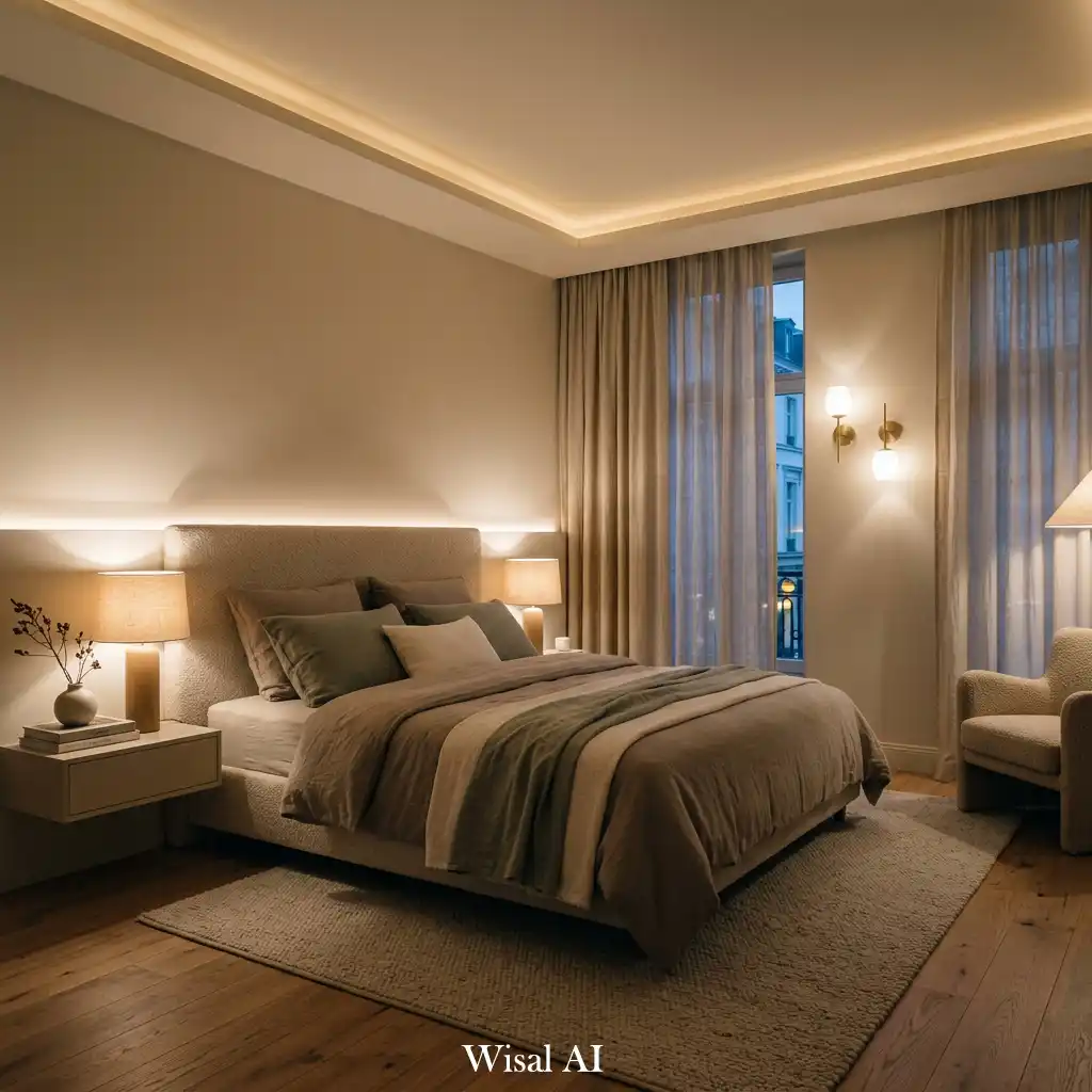 Elegant bedroom with soft ambient lighting and warm indirect glow design