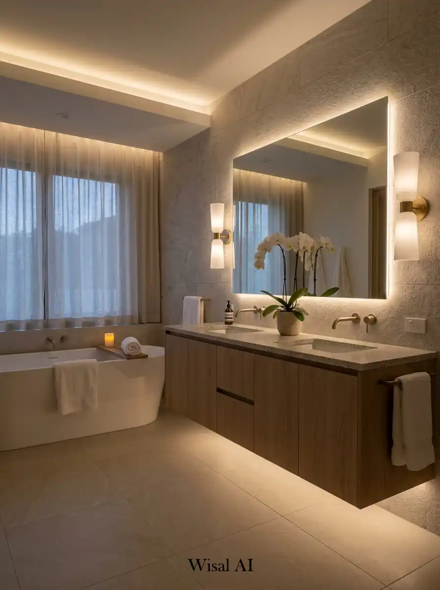 Elegant spa bathroom with layered warm lighting floating mirror glow and calming luxurious minimalist interior ambiance.