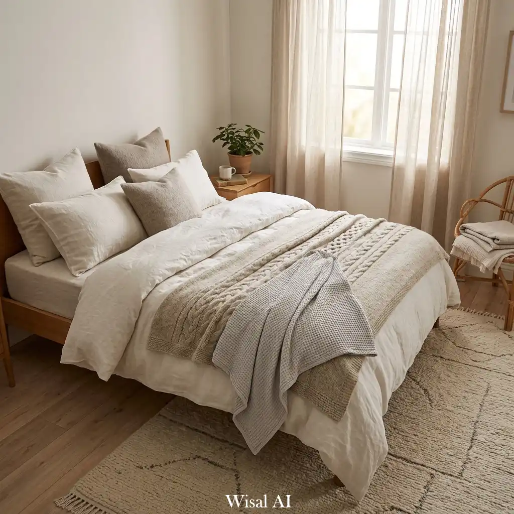 Cozy Scandinavian bedroom with layered textiles and natural fabric decor