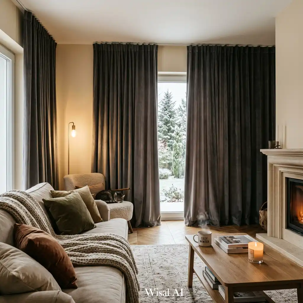 Cozy winter living room with heavy drapery and filtered natural light.