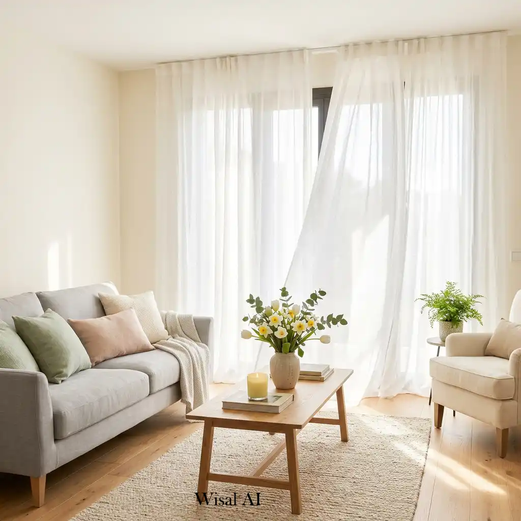 Elegant space with sheer curtains and soft filtered sunlight.