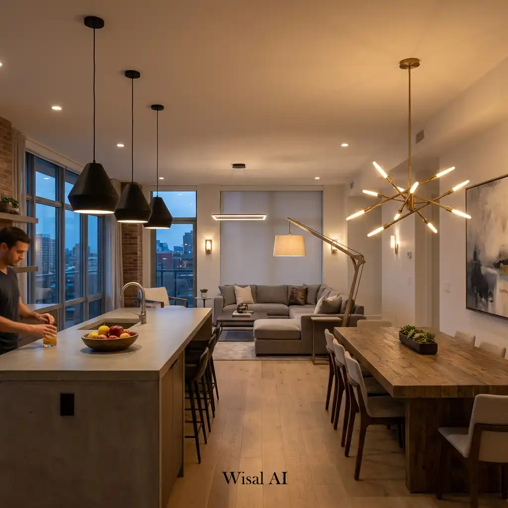 Contemporary open concept living room featuring dramatic statement lighting