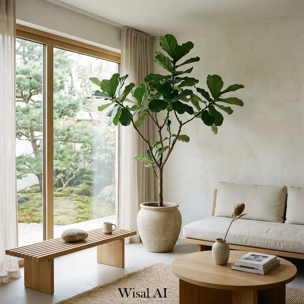 Japandi living room indoor plant wooden stone natural accent