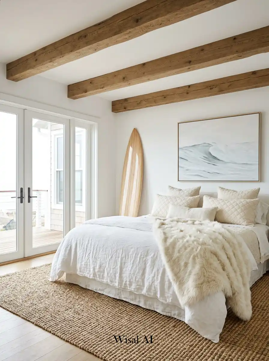 5. Surfside Chic: Coastal Cottage Bedroom with Exposed Timber Beams