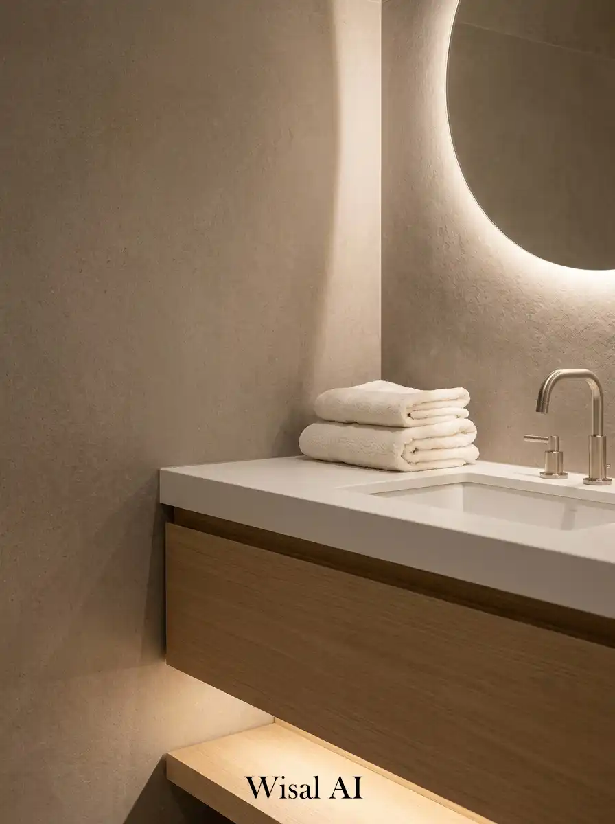 Luxury bathroom with taupe accents and warm white surfaces in a soft elegant style.