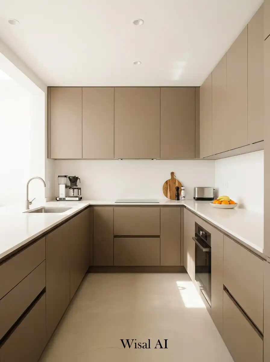 Modern kitchen with taupe cabinets and warm white background creating a soft luxury atmosphere.