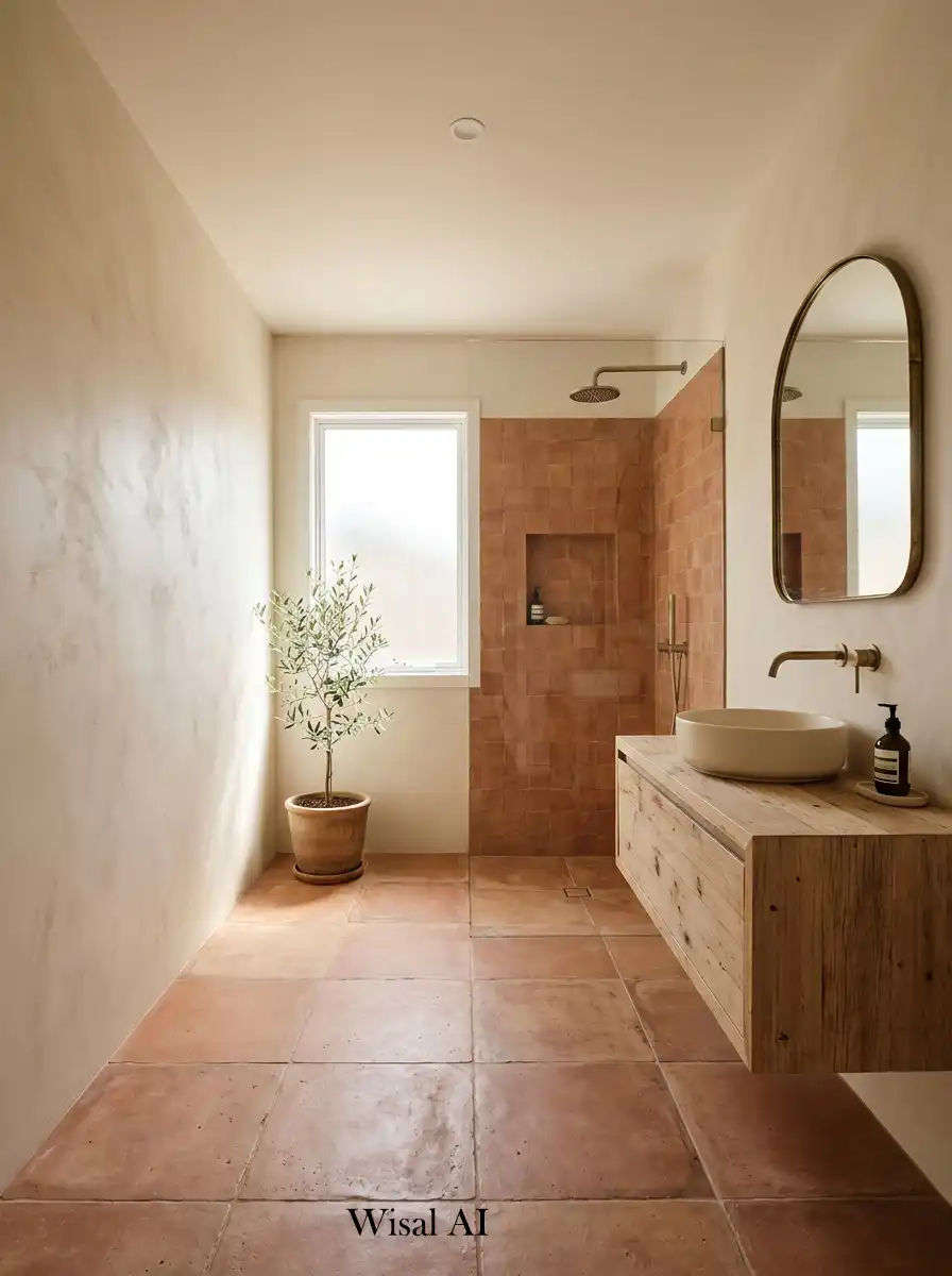 Organic bathroom interior with terracotta tones cream walls natural textures and warm spa-like modern atmosphere.
