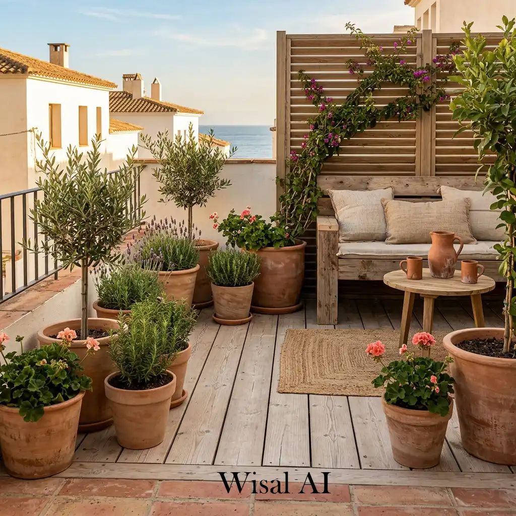 Natural wood and terracotta balcony design with warm textures