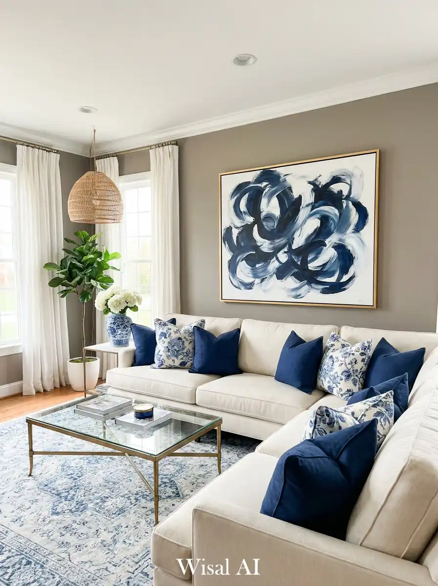 15. The Artful Anchor: Navy Blue and White Living Room