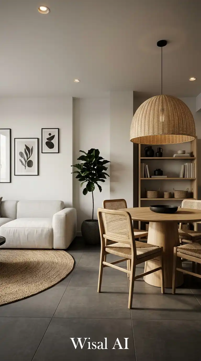 Small Living Room With Dining Table: Sophisticated Tones and Woven Textures