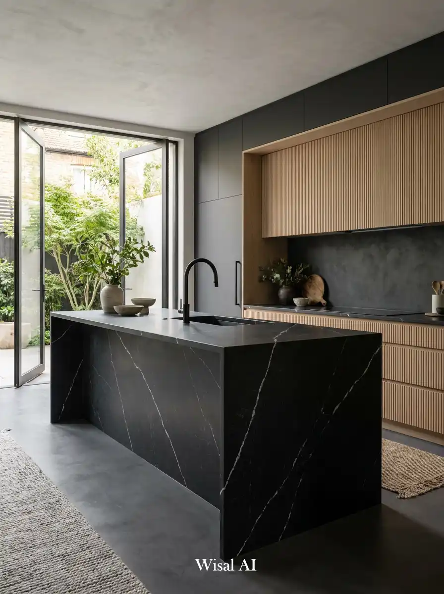 5. Zen Wood & Noir Marble Fusion Kitchen